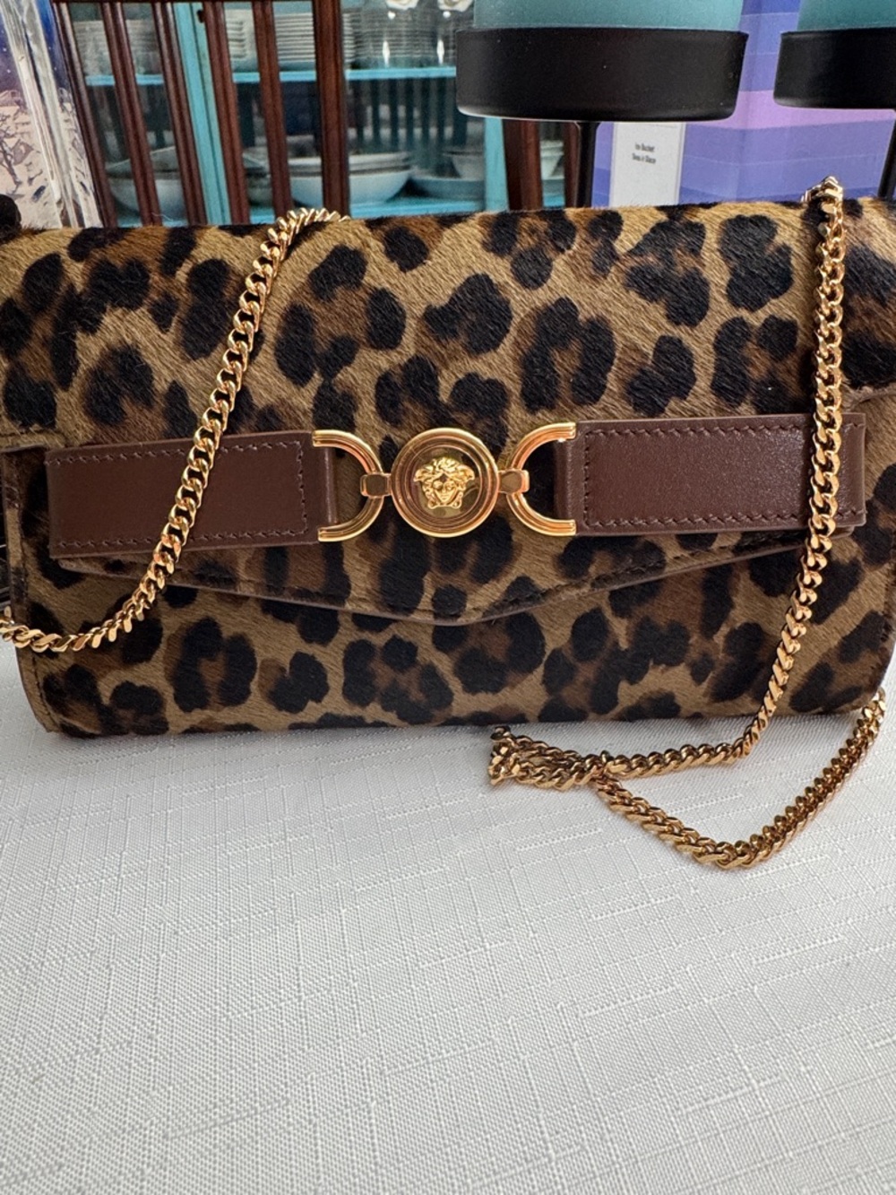 Versace Medusa '95 Leopard Wallet on  gold chain  7" L x 1" W x 4" H. - Picture 2 of 14
